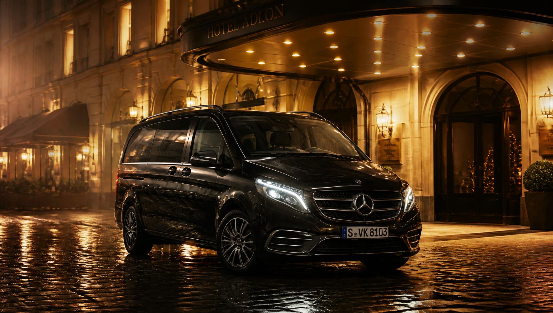 Black Mercedes V-Class at a luxury hotel entrance